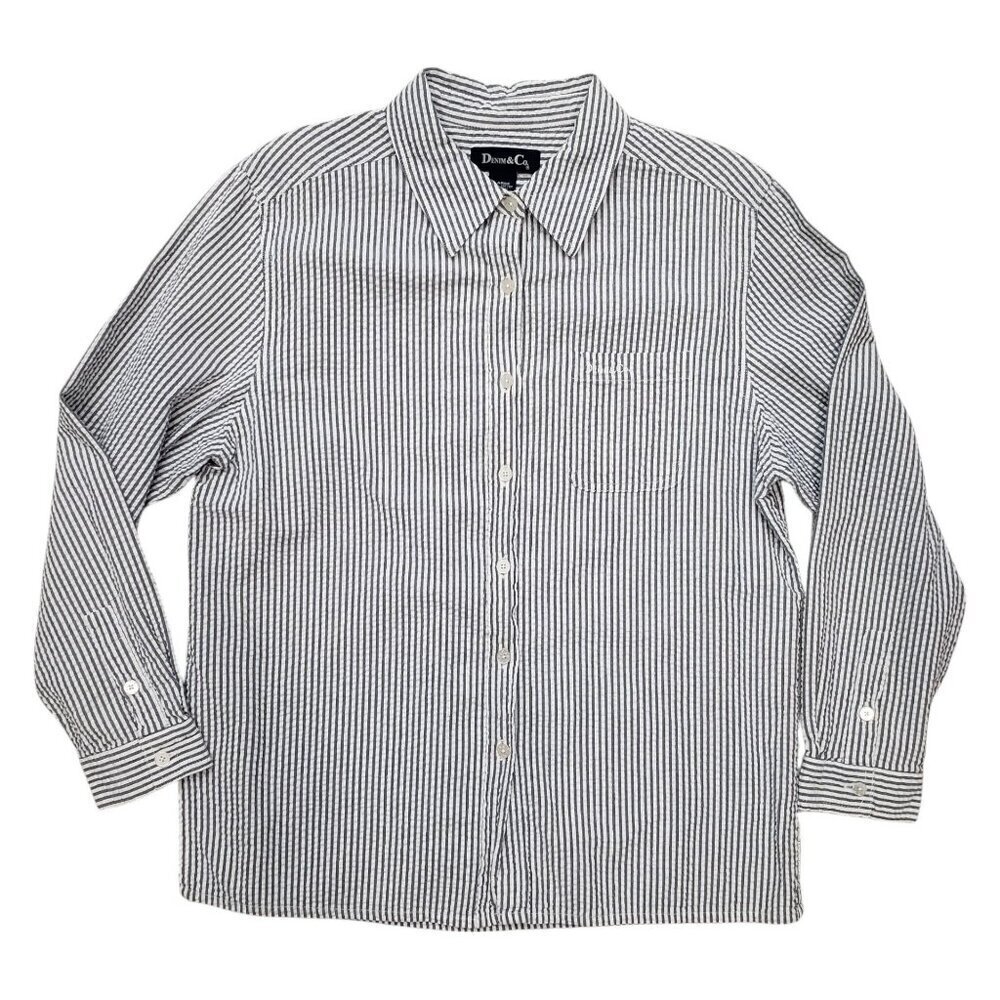 VTG Denim & Co Seersucker Shirt Button Up Cotton Blue White Strip Womens L